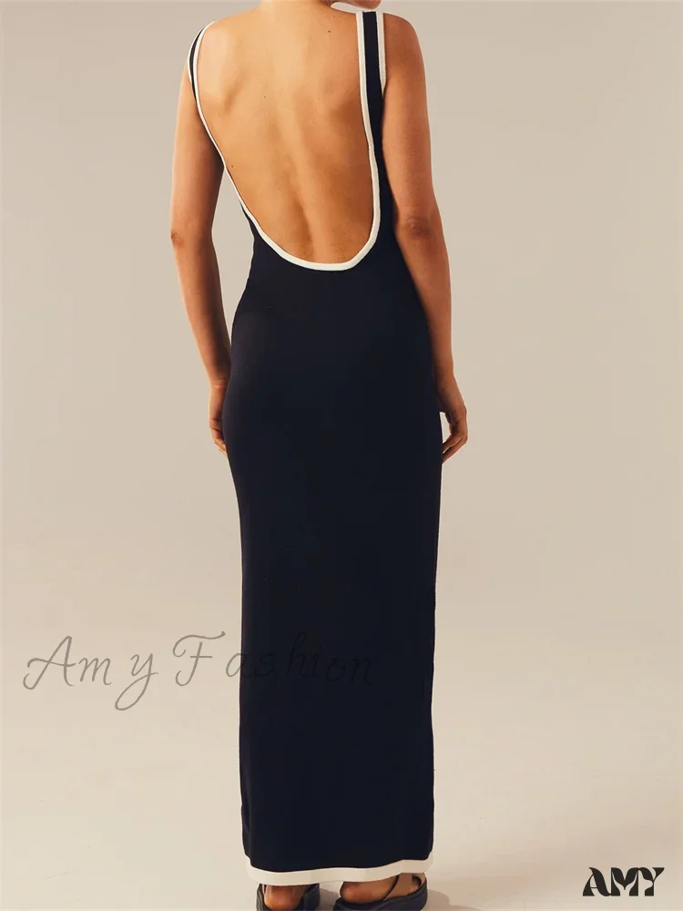 Amy Fashion - Women Knitted Tank Summer Contrast Color Hollow Out Backless Party Cocktail Beach Club Vestido Streetwear - Image 3