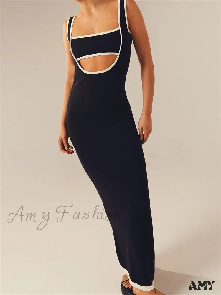 Amy Fashion - Women Knitted Tank Summer Contrast Color Hollow Out Backless Party Cocktail Beach Club Vestido Streetwear - Image 4