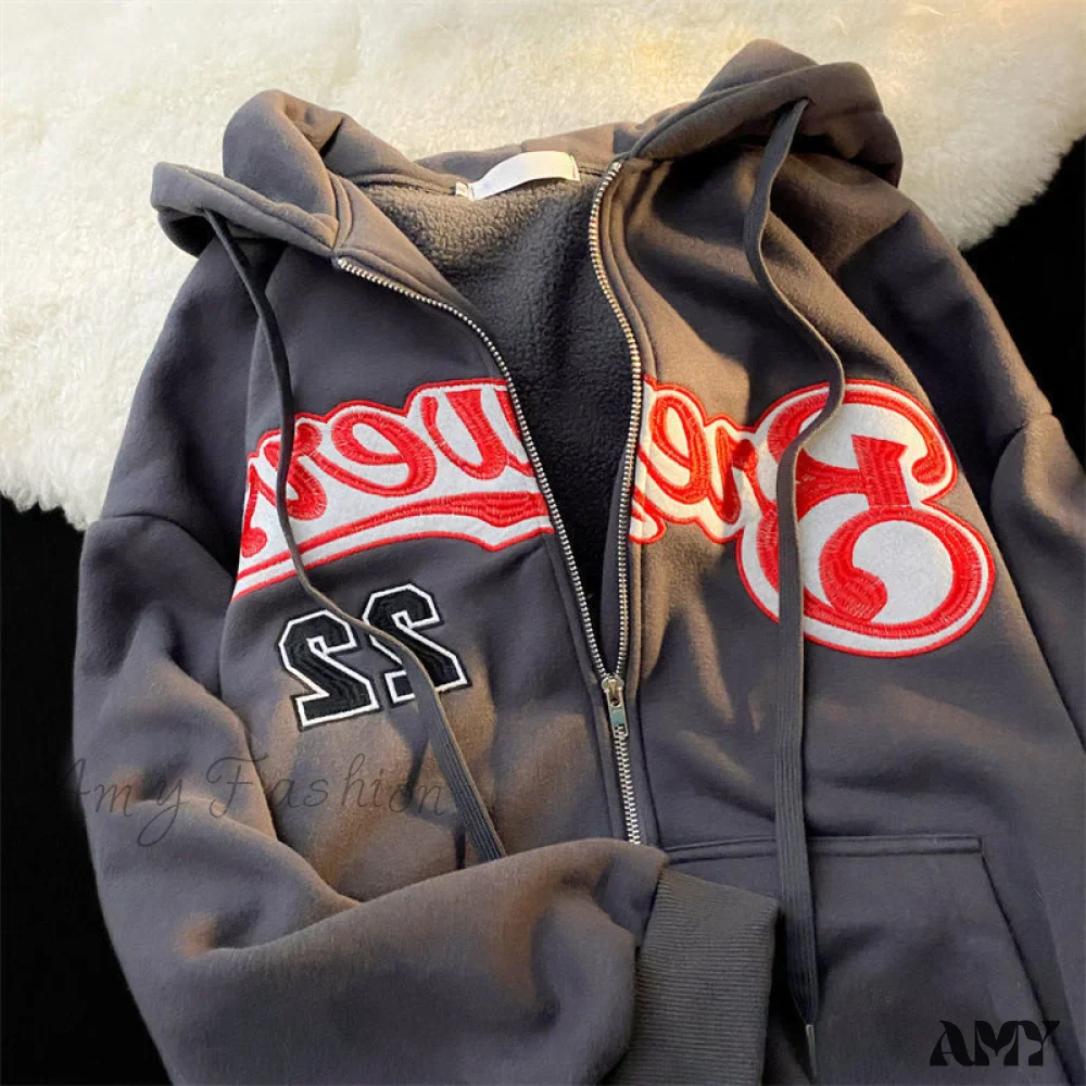 Amy Fashion - Retro Letter Print Baggy Hoody Jacket - Image 2