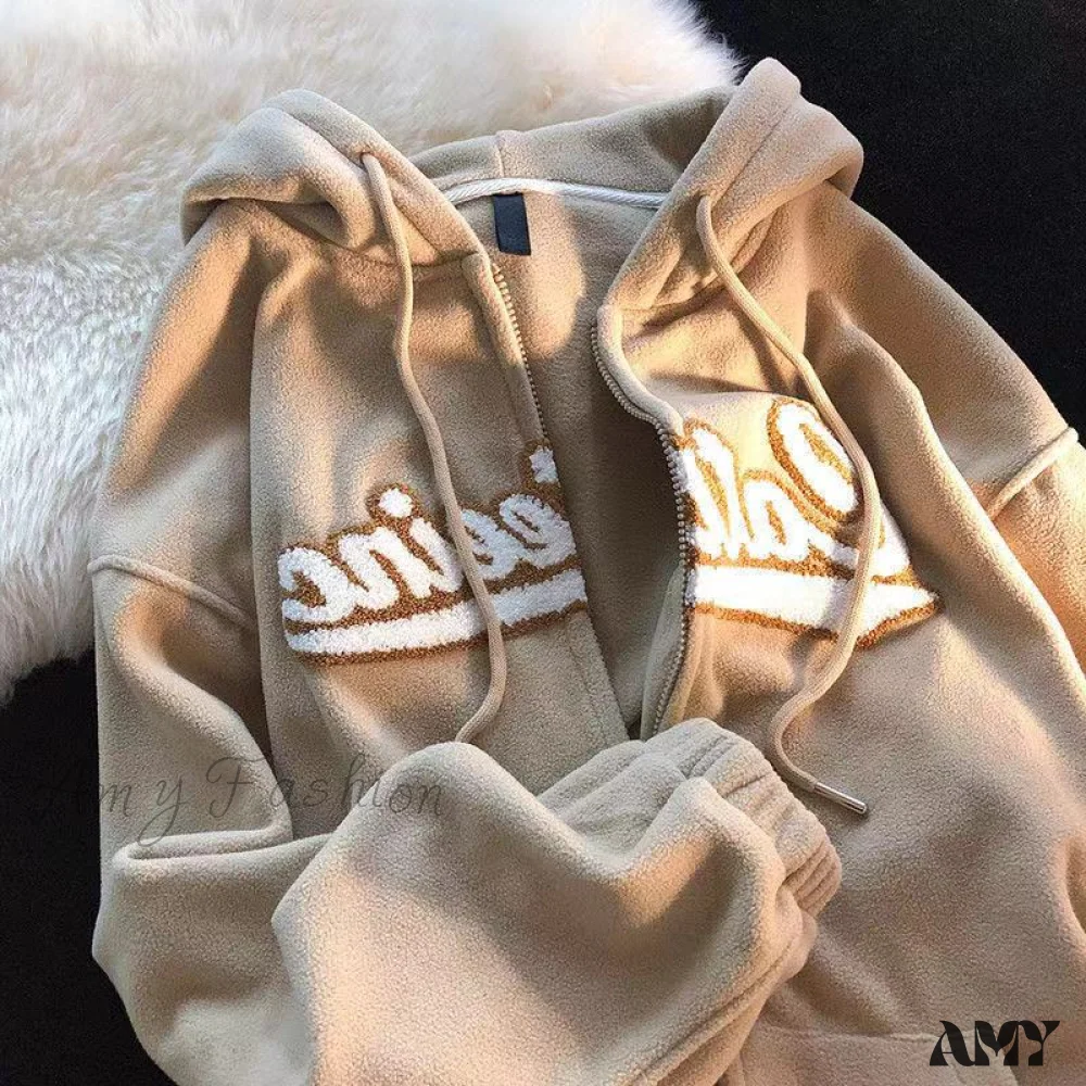 Amy Fashion - Retro Letter Print Baggy Hoody Jacket - Image 3