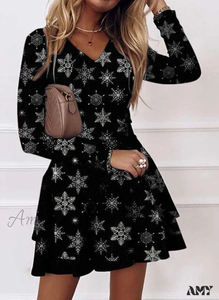 Amy Fashion - Long Sleeve V-neck Snowflake Print Dresses - Image 2