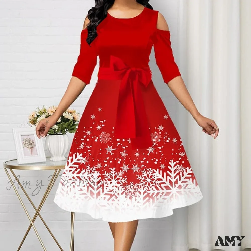 Amy Fashion - Long Sleeve V-neck Snowflake Print Dresses - Image 3
