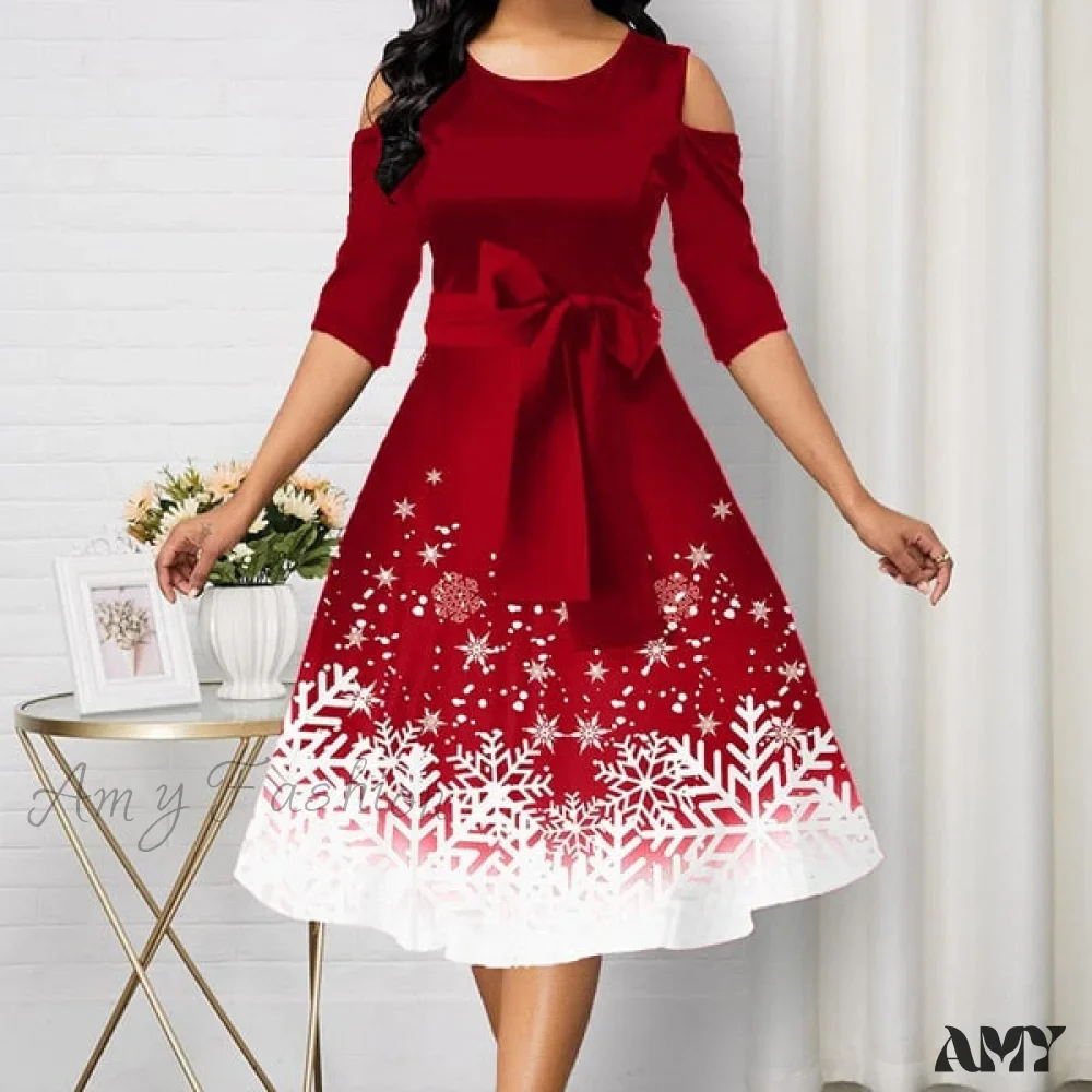 Amy Fashion - Long Sleeve V-neck Snowflake Print Dresses - Image 4