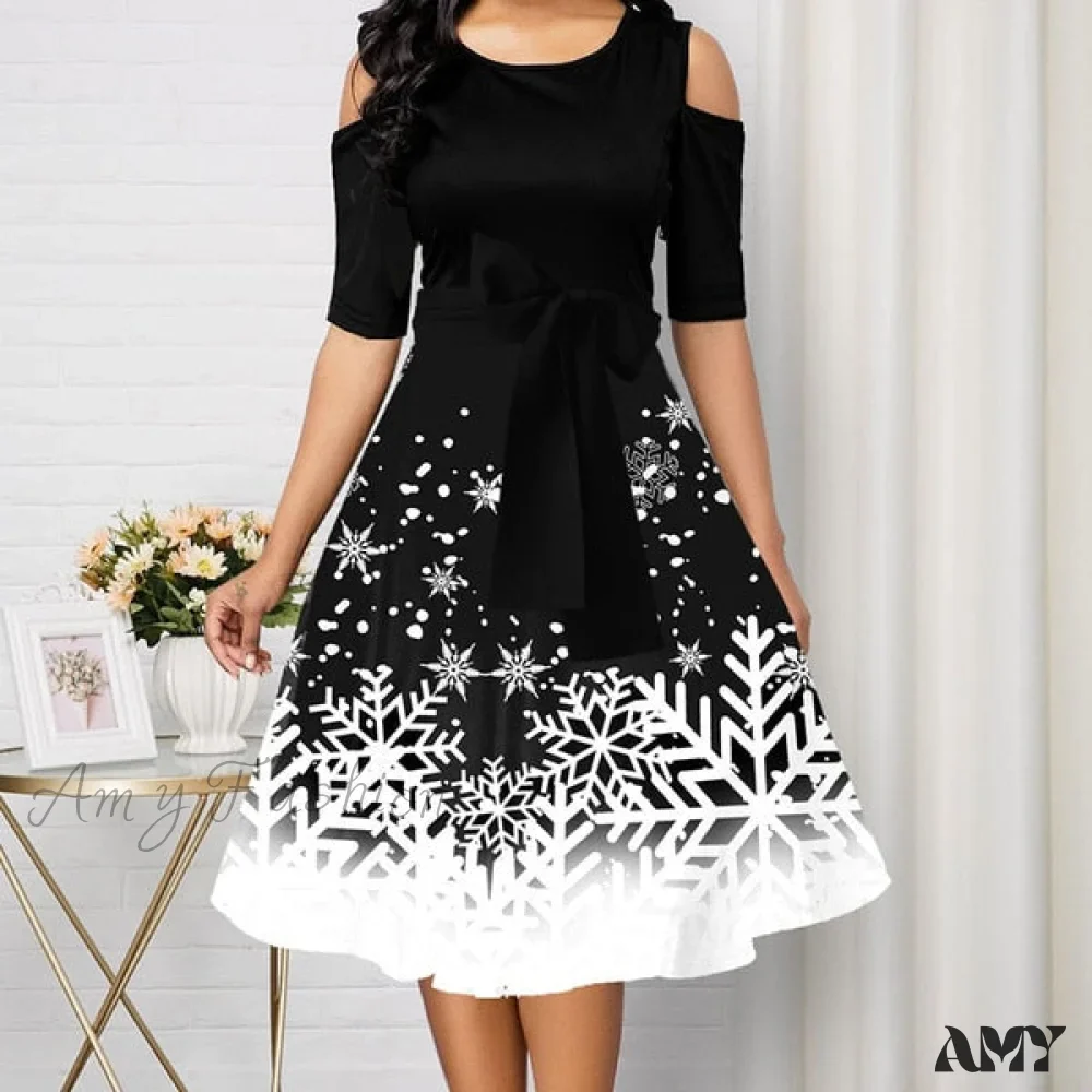 Amy Fashion - Long Sleeve V-neck Snowflake Print Dresses - Image 5