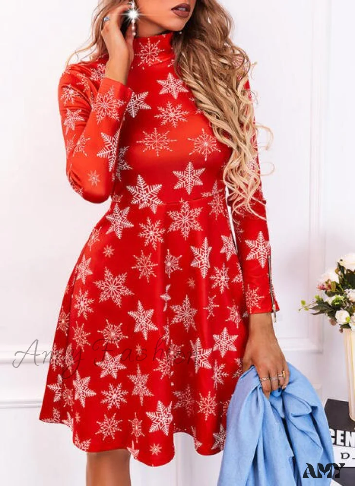 Amy Fashion - Long Sleeve V-neck Snowflake Print Dresses - Image 6