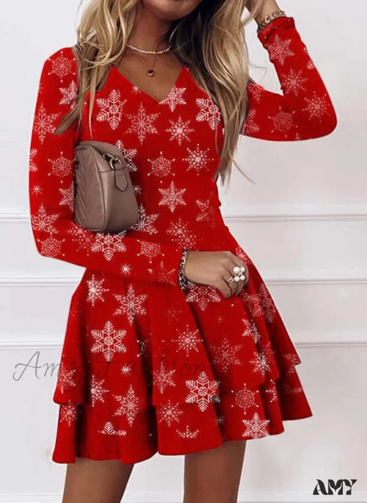 Amy Fashion - Long Sleeve V-neck Snowflake Print Dresses - Image 7