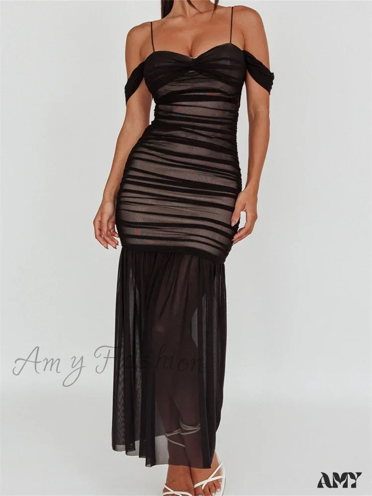 Amy Fashion - Women Mesh Sheer See Through  Low Cut Off Shoulder Strap Backless Ruched Summer Party Vestidos