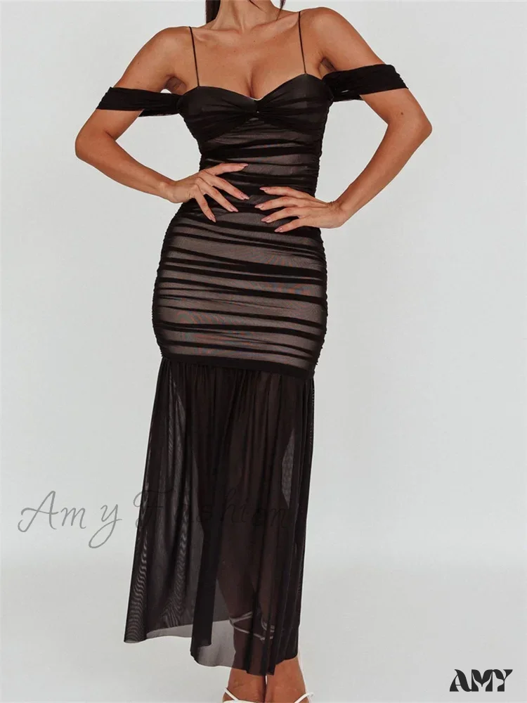 Amy Fashion - Women Mesh Sheer See Through  Low Cut Off Shoulder Strap Backless Ruched Summer Party Vestidos - Image 2