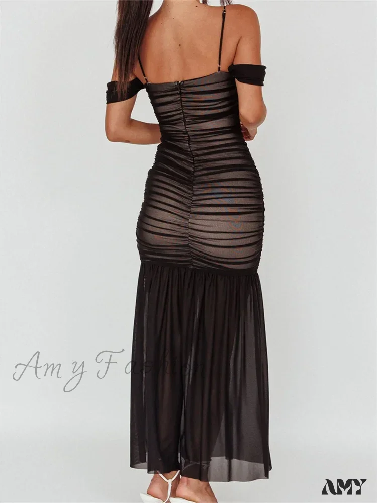Amy Fashion - Women Mesh Sheer See Through  Low Cut Off Shoulder Strap Backless Ruched Summer Party Vestidos - Image 3