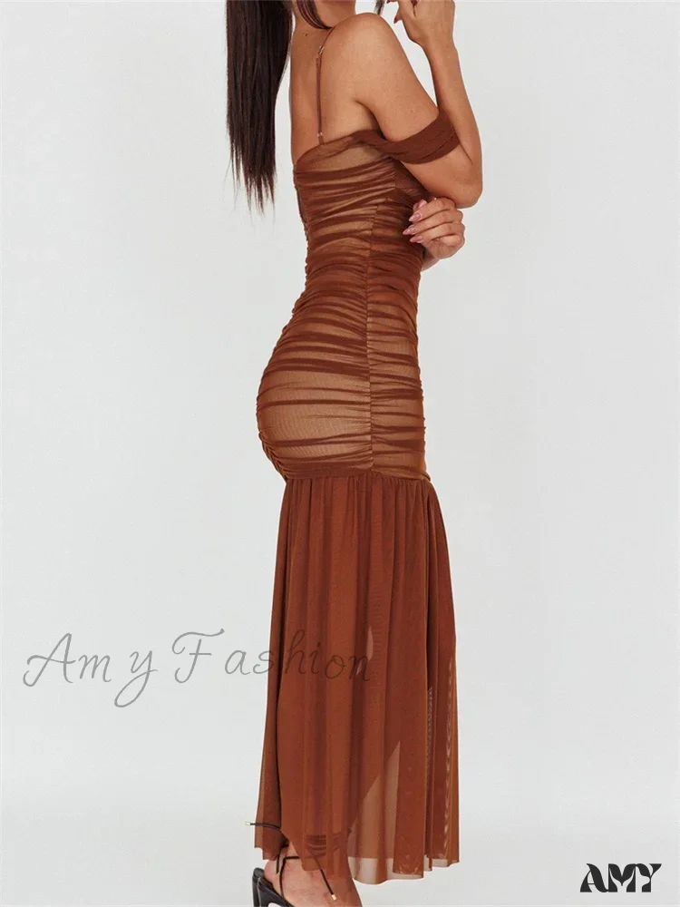 Amy Fashion - Women Mesh Sheer See Through  Low Cut Off Shoulder Strap Backless Ruched Summer Party Vestidos - Image 6