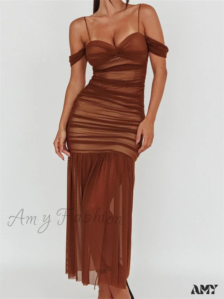 Amy Fashion - Women Mesh Sheer See Through  Low Cut Off Shoulder Strap Backless Ruched Summer Party Vestidos - Image 8
