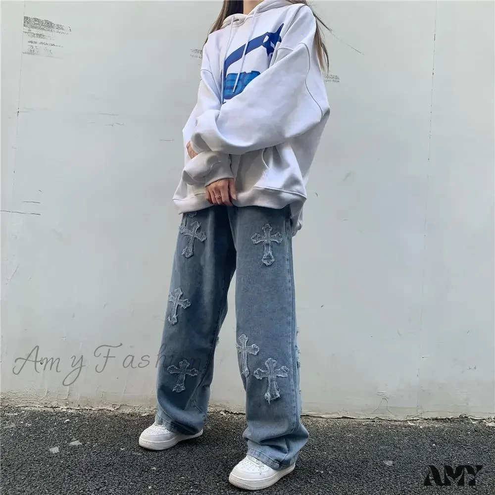 Amy Fashion - Women Pant Woman High Waist Denim Pants Wide Leg Denim Clothing Blue Vintage Quality Fashion Straight Jean