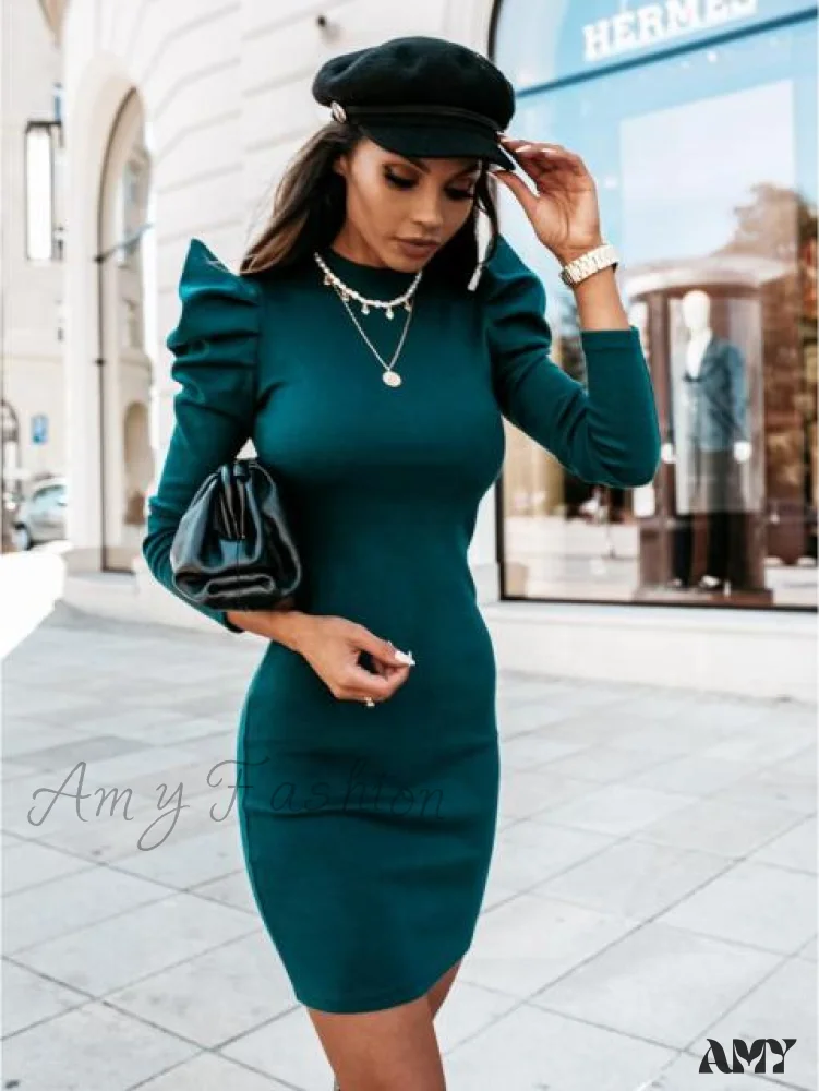 Amy Fashion - Puff Sleeve Vintage Sheath Knitted Dress - Image 5