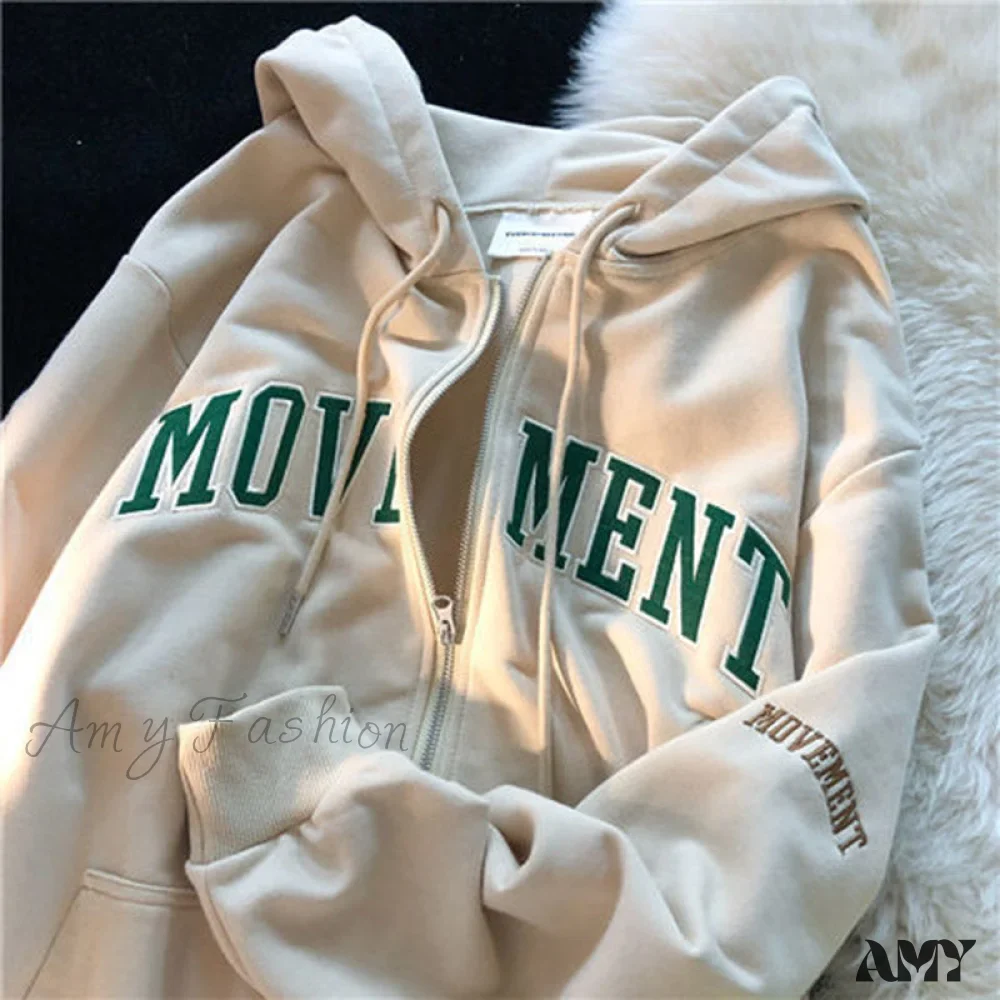 Amy Fashion - Retro Letter Print Loose Hoody Jacket - Image 10