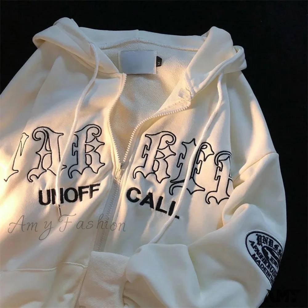 Amy Fashion - Retro Letter Print Loose Hoody Jacket - Image 12