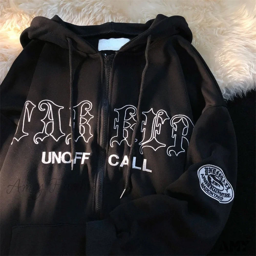 Amy Fashion - Retro Letter Print Loose Hoody Jacket - Image 13