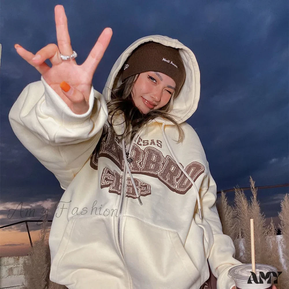 Amy Fashion - Retro Letter Print Loose Hoody Jacket - Image 14
