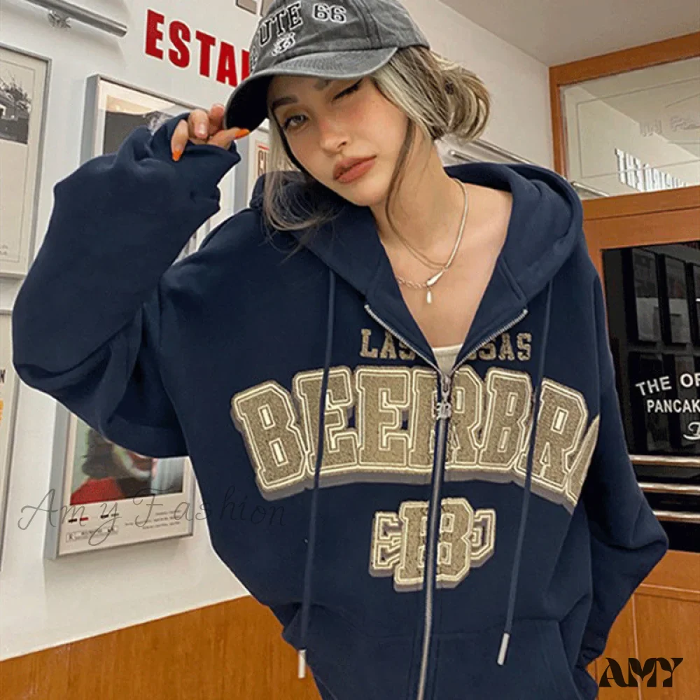Amy Fashion - Retro Letter Print Loose Hoody Jacket - Image 15