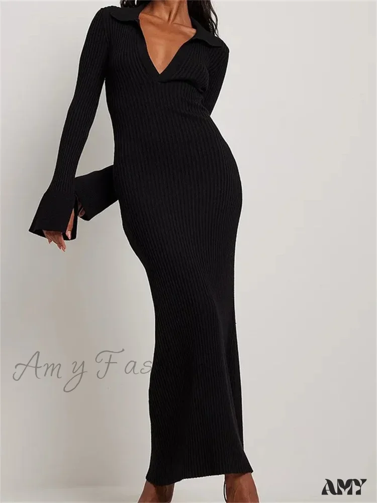 Amy Fashion - Women Ribbed Knitted   Flare Sleeve Lapel Solid Color Bodycon Party Going Out Female Vestido - Image 4