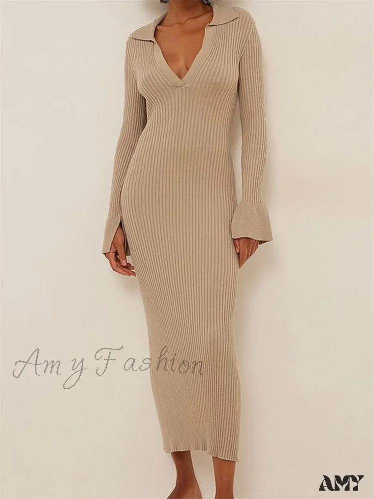 Amy Fashion - Women Ribbed Knitted   Flare Sleeve Lapel Solid Color Bodycon Party Going Out Female Vestido - Image 6