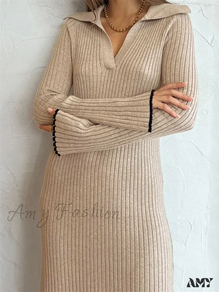 Amy Fashion - Women Ribbed Knitted   Flare Sleeve Lapel Solid Color Party Going Out Female Vestidos Streetwear - Image 3