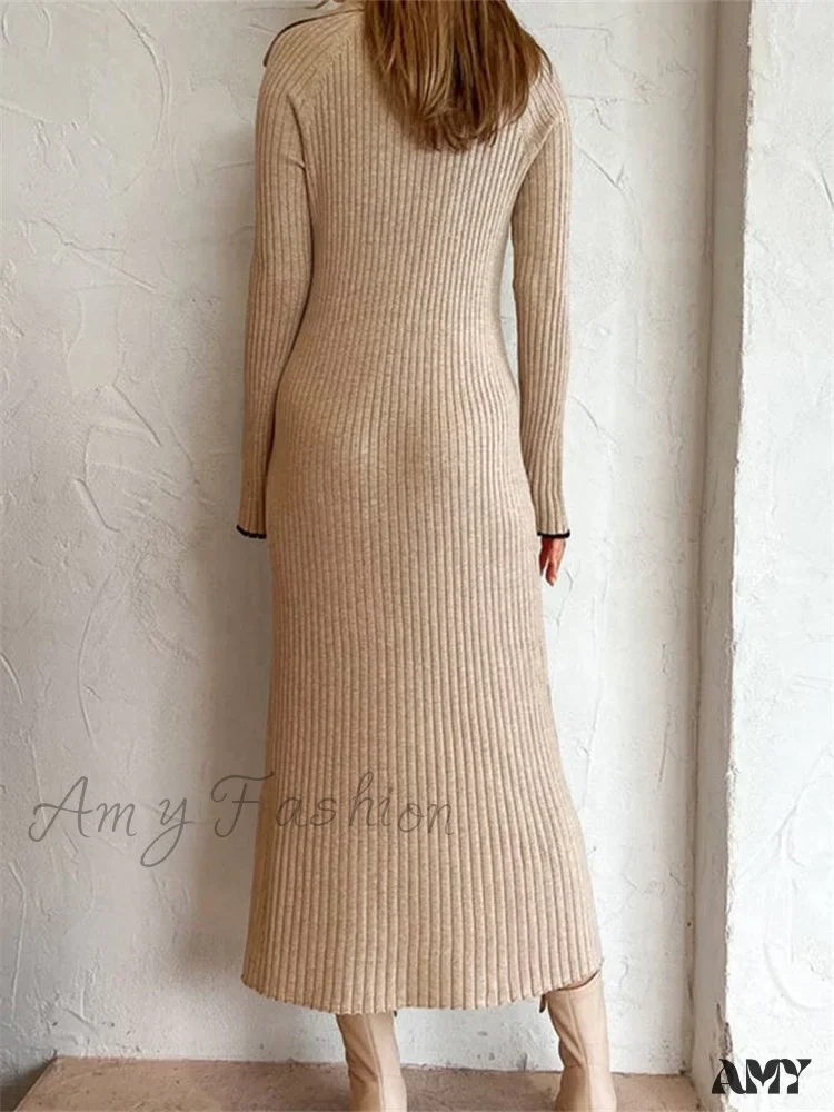 Amy Fashion - Women Ribbed Knitted   Flare Sleeve Lapel Solid Color Party Going Out Female Vestidos Streetwear - Image 4