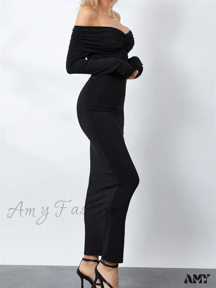 Amy Fashion - Women  Ruched Slash Neck Off-shoulder  Sleeve Solid Slim Fit Bodycon Cocktail Party Vestidos - Image 2