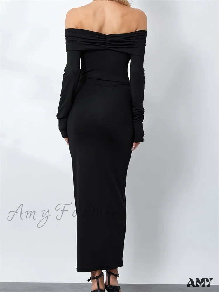 Amy Fashion - Women  Ruched Slash Neck Off-shoulder  Sleeve Solid Slim Fit Bodycon Cocktail Party Vestidos - Image 3