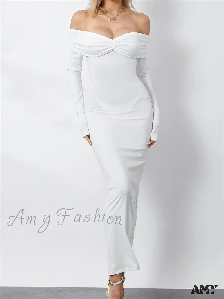 Amy Fashion - Women  Ruched Slash Neck Off-shoulder  Sleeve Solid Slim Fit Bodycon Cocktail Party Vestidos - Image 4