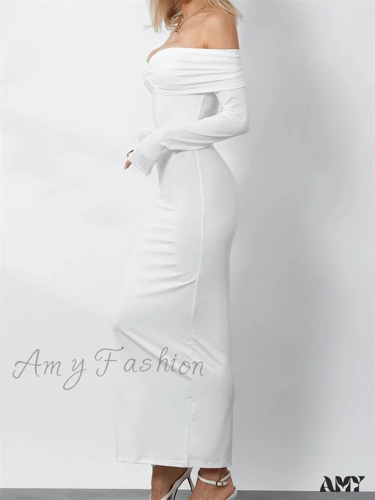 Amy Fashion - Women  Ruched Slash Neck Off-shoulder  Sleeve Solid Slim Fit Bodycon Cocktail Party Vestidos - Image 5