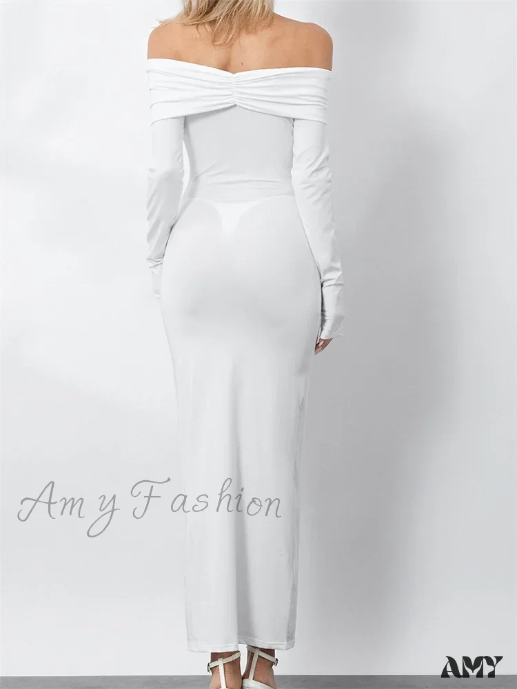 Amy Fashion - Women  Ruched Slash Neck Off-shoulder  Sleeve Solid Slim Fit Bodycon Cocktail Party Vestidos - Image 6