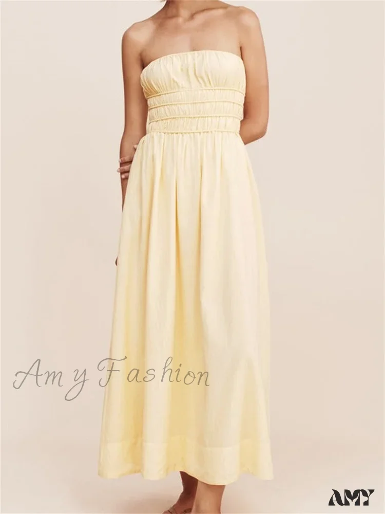 Amy Fashion - Women Ruched Strapless Tube Solid Summer Backless Party A-Line for Cocktail Streetwear Aesthetic Vestidos