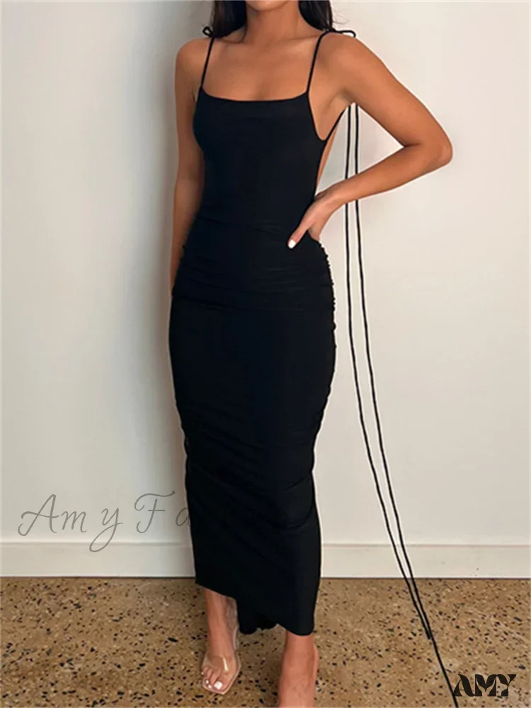 Amy Fashion - Women Sexy Backless Ruched  Adjustable Lace-up Strap Slim Elegant Solid Party Female Vestido Clubwear - Image 7