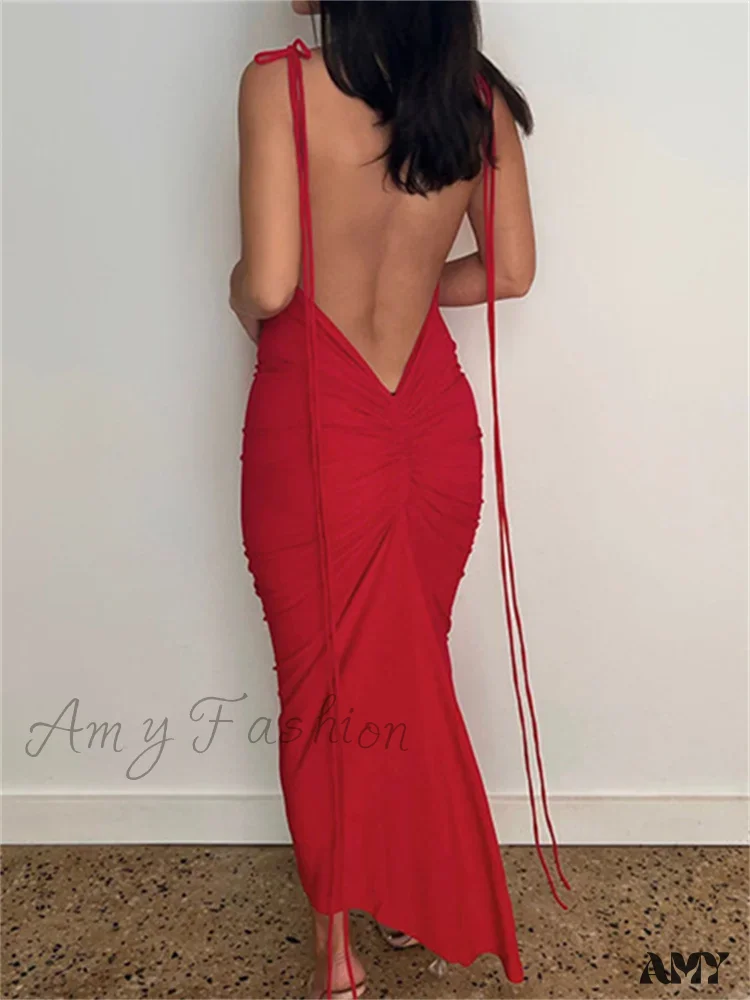 Amy Fashion - Women Sexy Backless Ruched  Adjustable Lace-up Strap Slim Elegant Solid Party Female Vestido Clubwear - Image 8