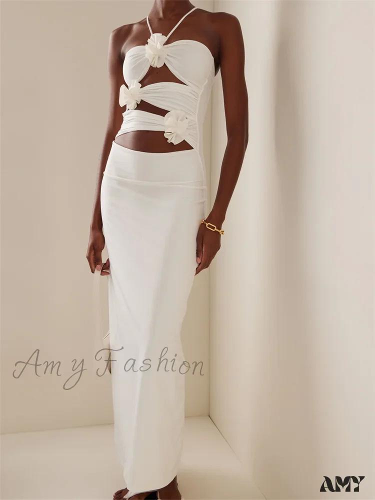 Amy Fashion - Women Sexy Halter Hollow Out  Y2K Off Shoulder Backless Slim 3D Flowers Vestidos Night Party Clubwear - Image 9
