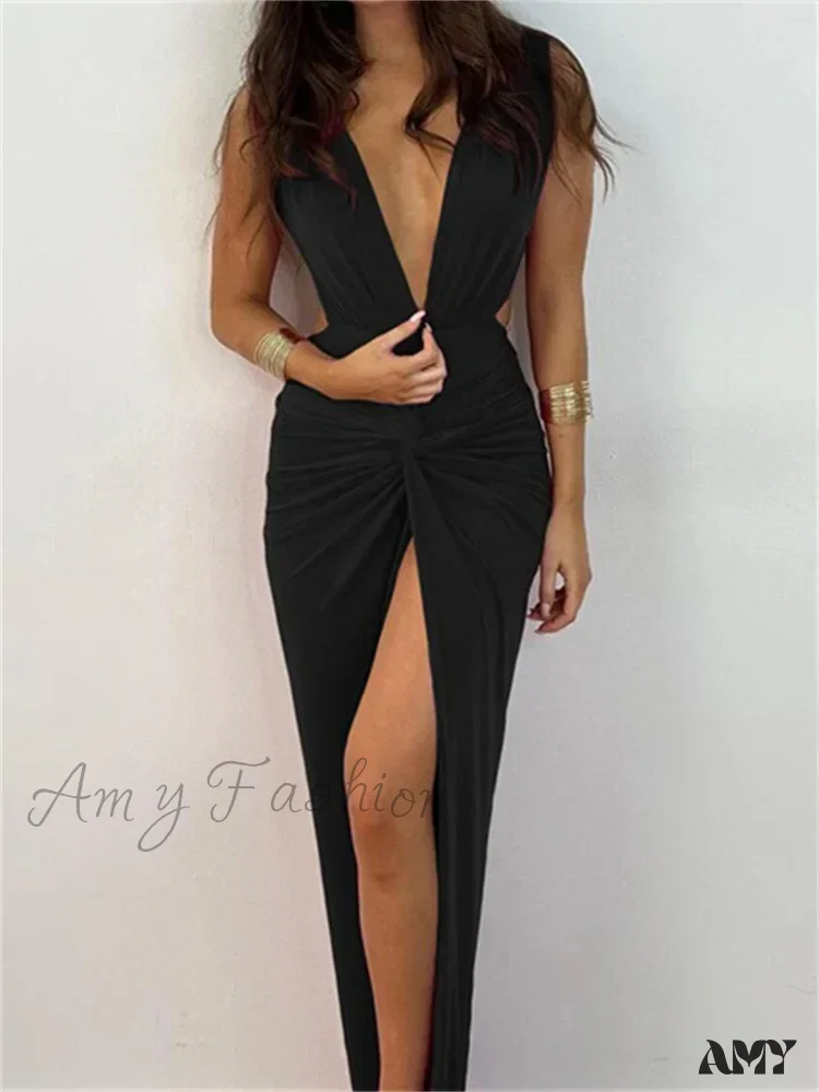 Amy Fashion - Women Sexy High Split  Sleeveless Deep V-neck Backless Ruched Summer Elegant Party Clubwear Vestidos - Image 7