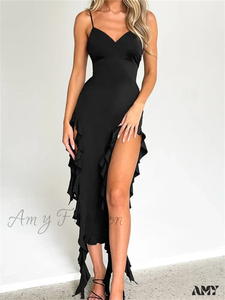 Amy Fashion - Women Sexy Ruffle Hem Sleeveless Strap  Tassels Ruched Bodycon Party V-neck High Split Fairy Vestidos - Image 5