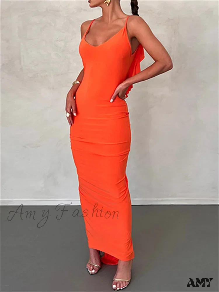 Amy Fashion - Women Sexy Spaghetti Strap Backless  Bodycon V-neck Ruffles Ruched Party Evening Clubwear Vestidos - Image 2