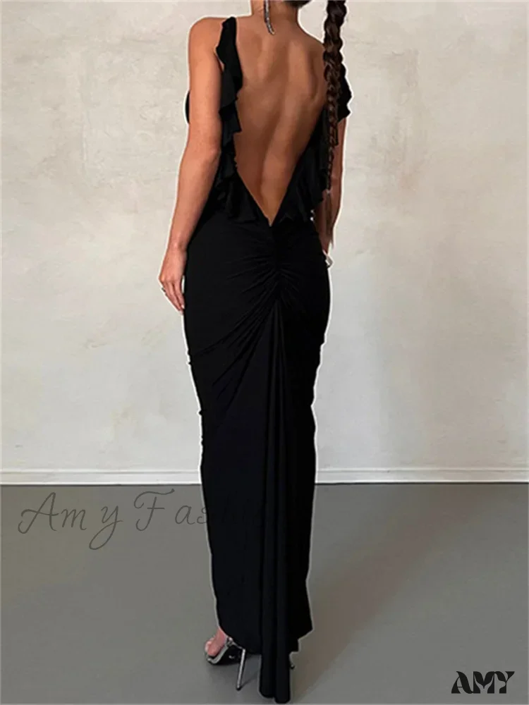 Amy Fashion - Women Sexy Spaghetti Strap Backless  Bodycon V-neck Ruffles Ruched Party Evening Clubwear Vestidos - Image 3