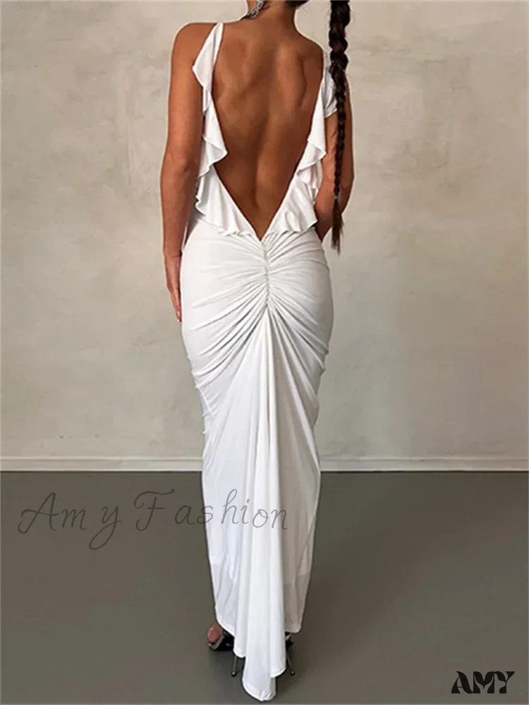 Amy Fashion - Women Sexy Spaghetti Strap Backless  Bodycon V-neck Ruffles Ruched Party Evening Clubwear Vestidos - Image 6