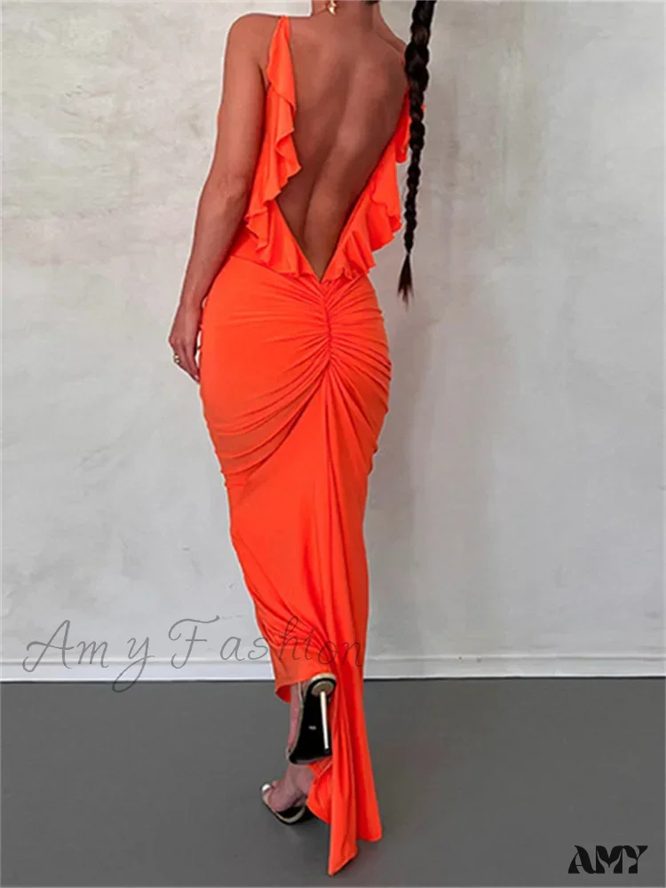 Amy Fashion - Women Sexy Spaghetti Strap Backless  Bodycon V-neck Ruffles Ruched Party Evening Clubwear Vestidos - Image 8