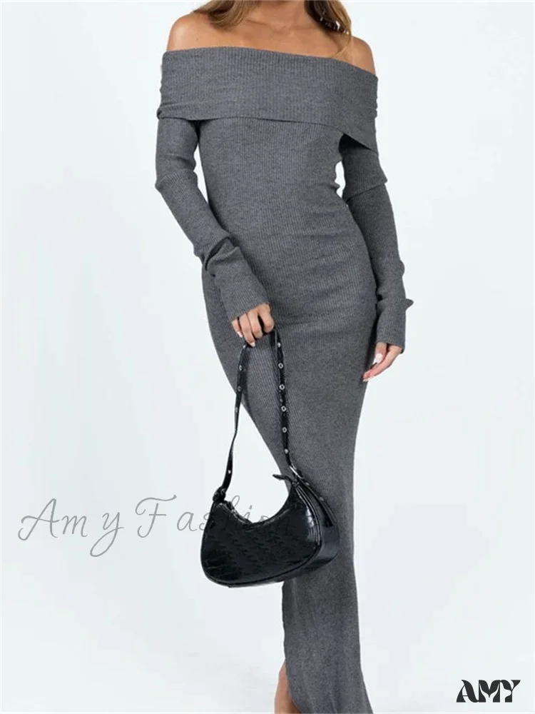 Amy Fashion - Women Slash Neck Off Shoulder  Solid Back Split Hem Casual  Sleeve Party Club Vestidos Streetwear - Image 7