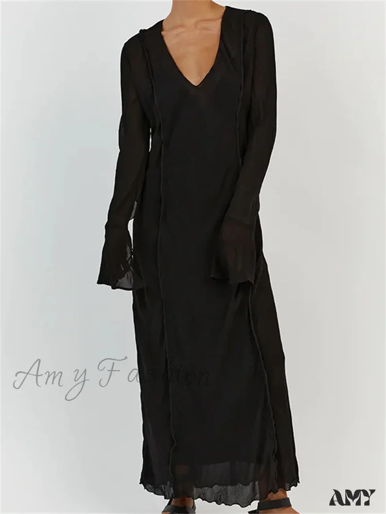 Amy Fashion - Women  Sleeve Loose Casual V Neck Mesh See Through Party Beach Cocktail Club Vestidos Streetwear - Image 4
