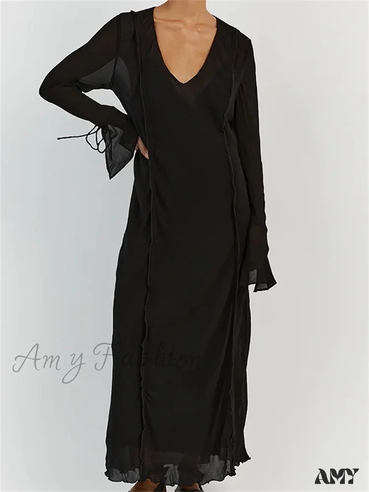 Amy Fashion - Women  Sleeve Loose Casual V Neck Mesh See Through Party Beach Cocktail Club Vestidos Streetwear - Image 7