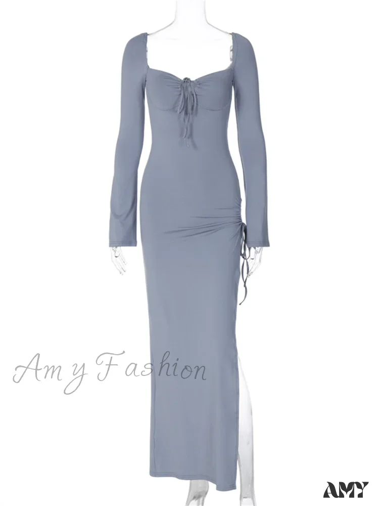 Amy Fashion - Women   Sleeve Low-cut Tie-up Solid Color Slim Fit Cocktail Party High Split Female Vestidos - Image 3