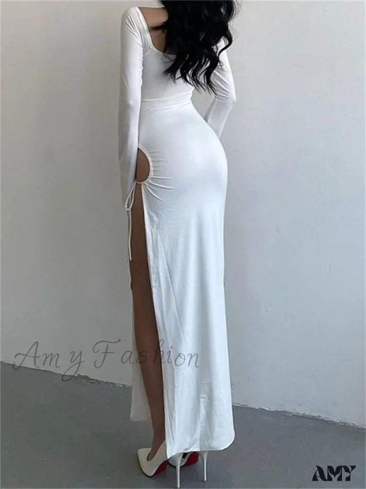 Amy Fashion - Women   Sleeve Low-cut Tie-up Solid Color Slim Fit Cocktail Party High Split Female Vestidos - Image 4