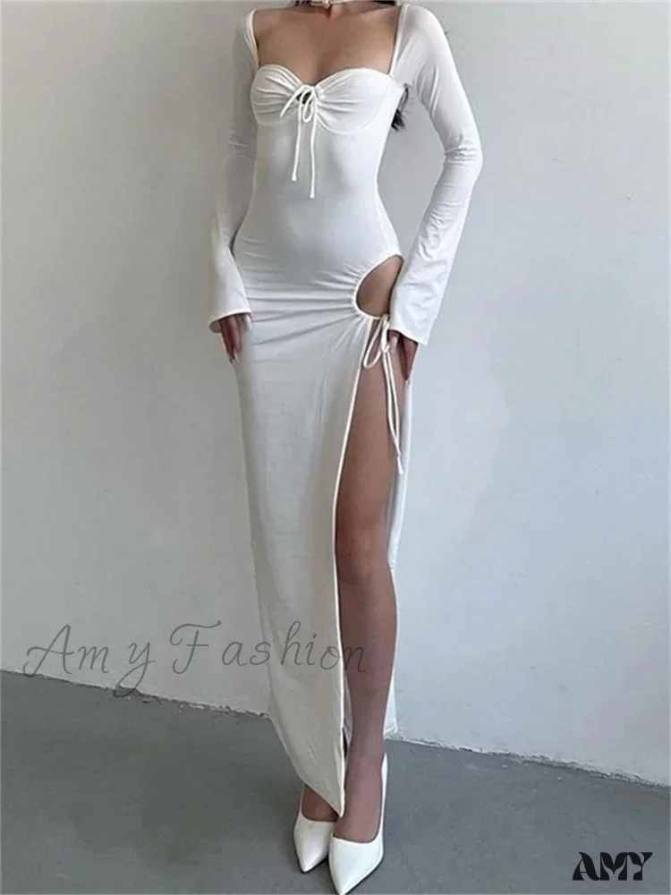 Amy Fashion - Women   Sleeve Low-cut Tie-up Solid Color Slim Fit Cocktail Party High Split Female Vestidos - Image 5