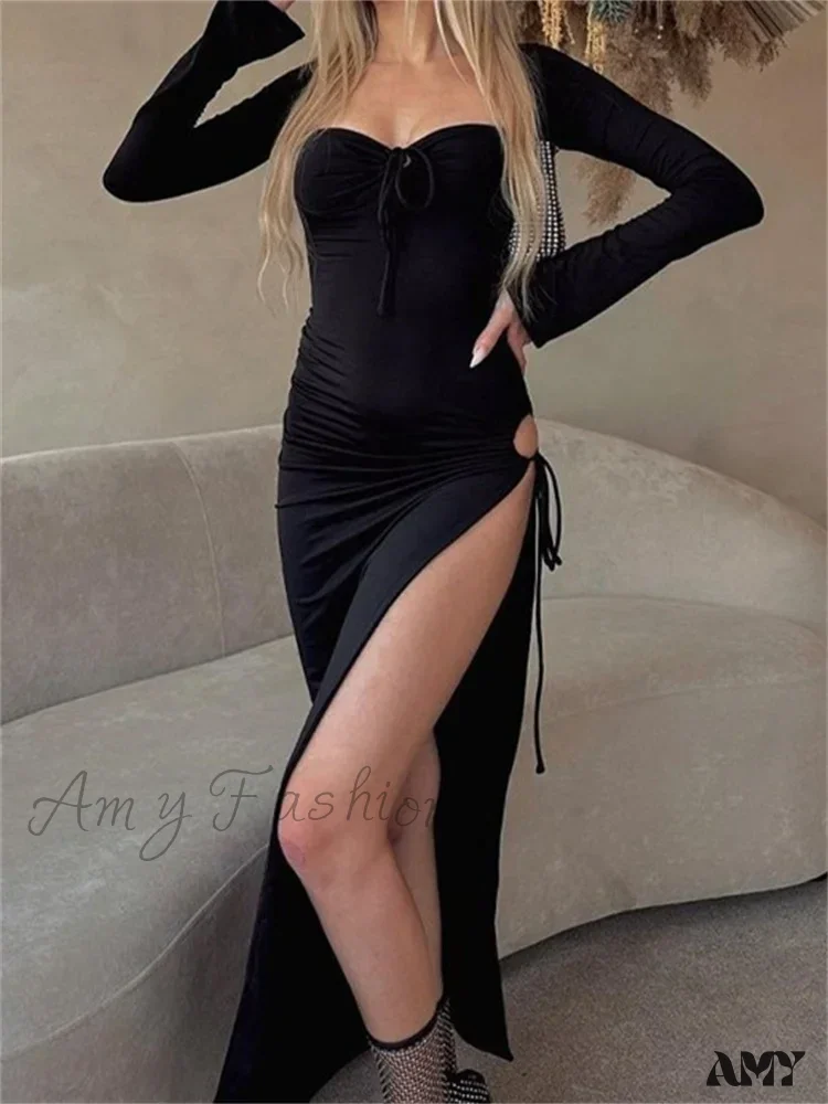 Amy Fashion - Women   Sleeve Low-cut Tie-up Solid Color Slim Fit Cocktail Party High Split Female Vestidos - Image 6