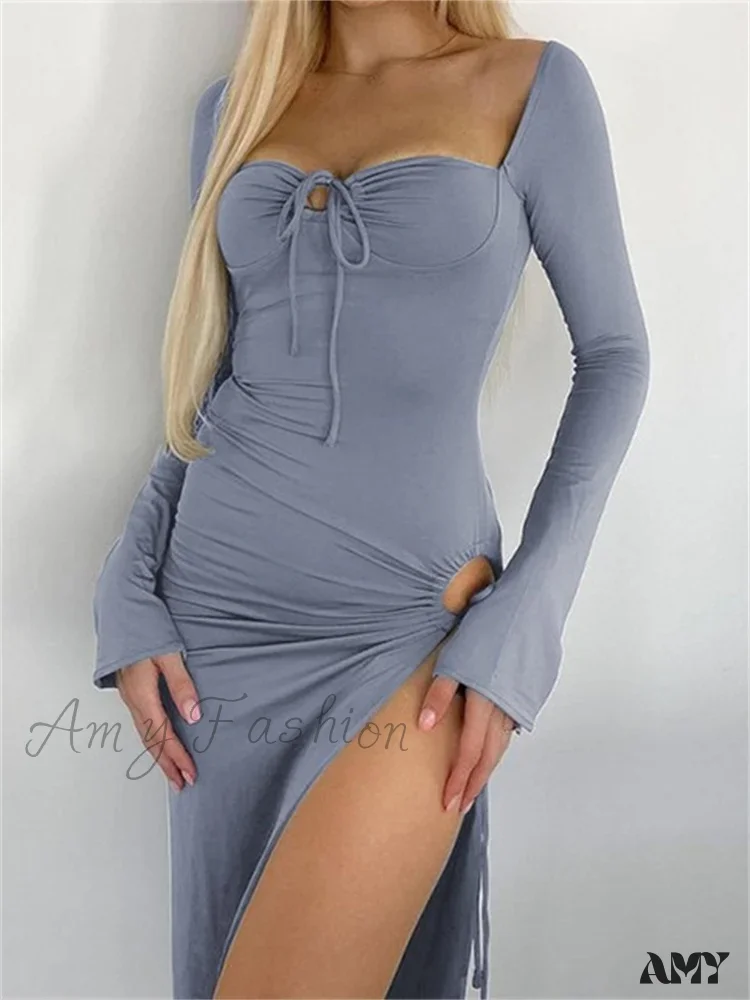 Amy Fashion - Women   Sleeve Low-cut Tie-up Solid Color Slim Fit Cocktail Party High Split Female Vestidos - Image 8