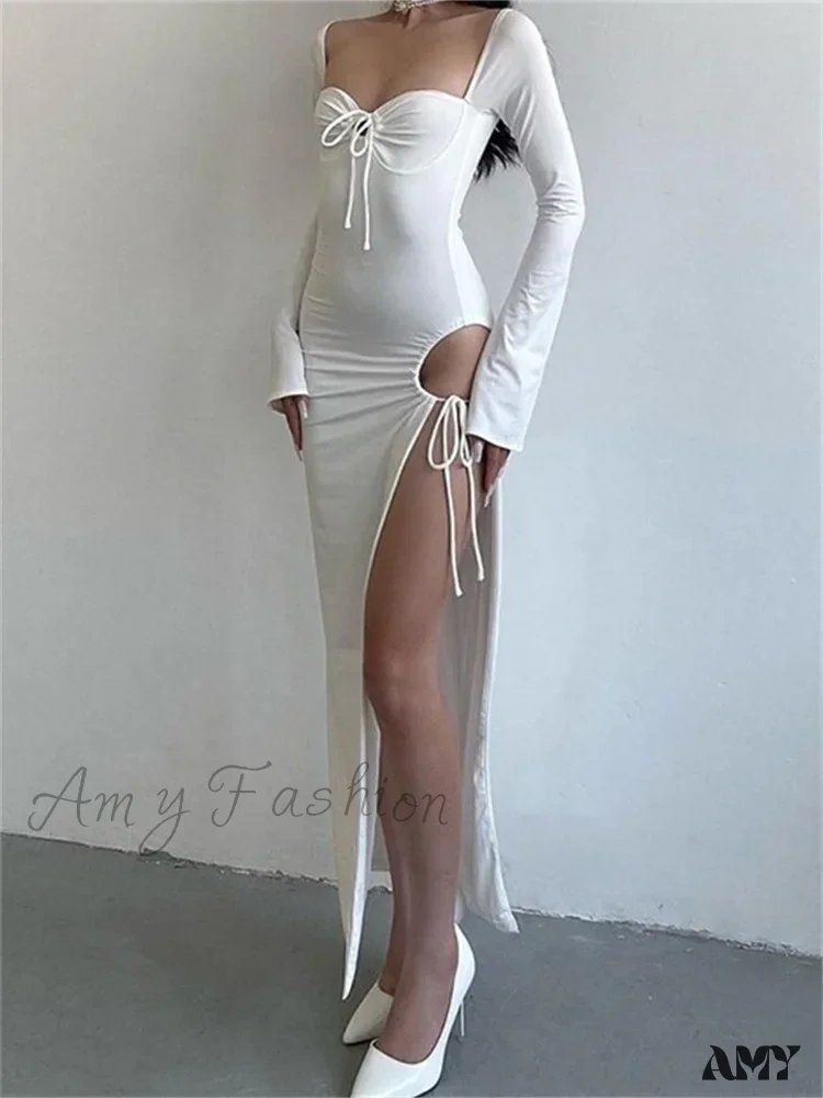Amy Fashion - Women   Sleeve Low-cut Tie-up Solid Color Slim Fit Cocktail Party High Split Female Vestidos - Image 9